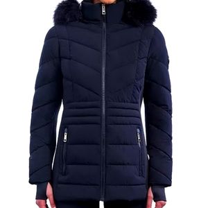 Women's Faux-Fur-Trim Hooded Puffer Coat, Created for Macy's size Large